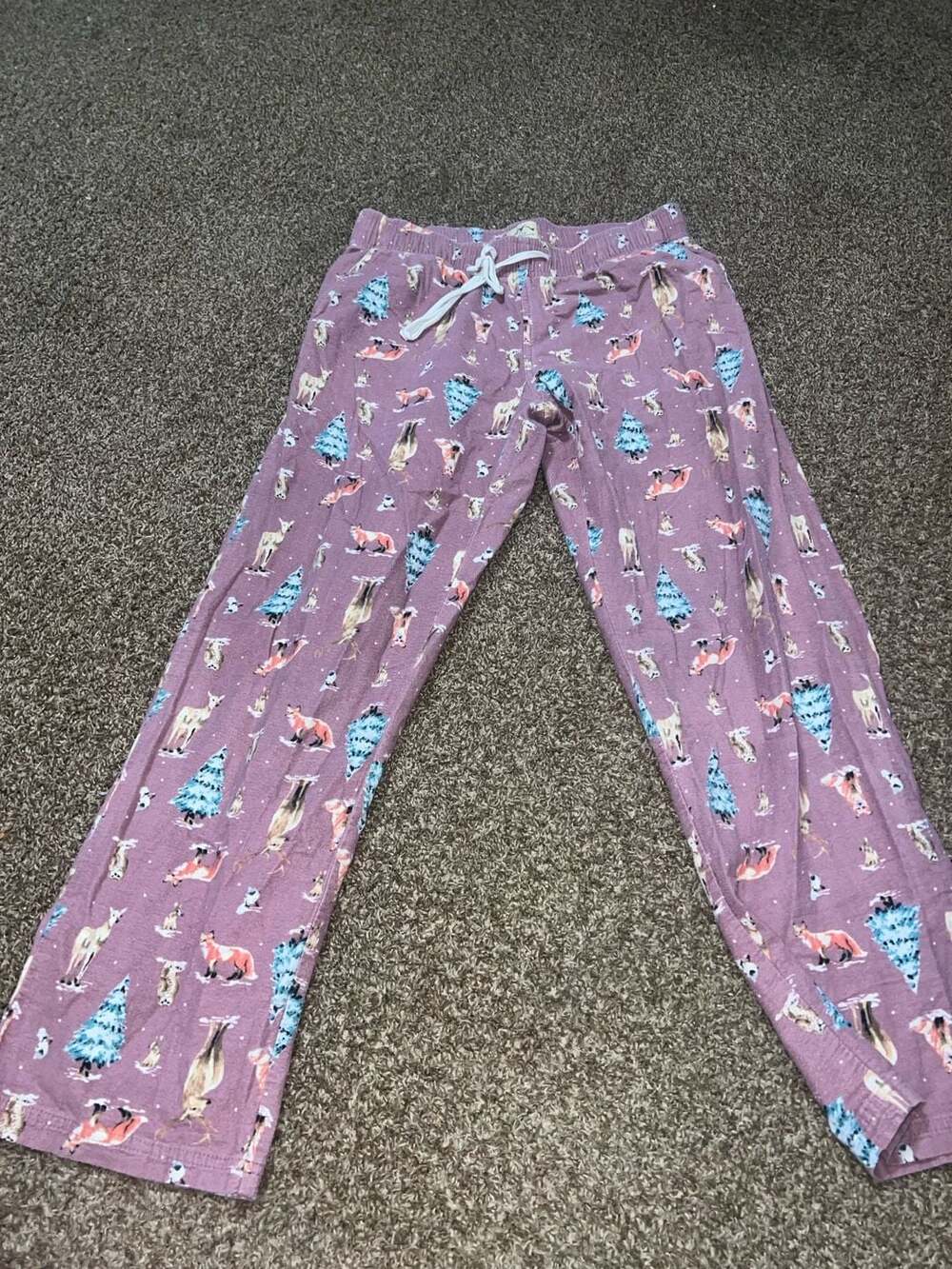 Blue Mountain Women's Purple Cotton Flannel Pajama Pants with Forest Animals